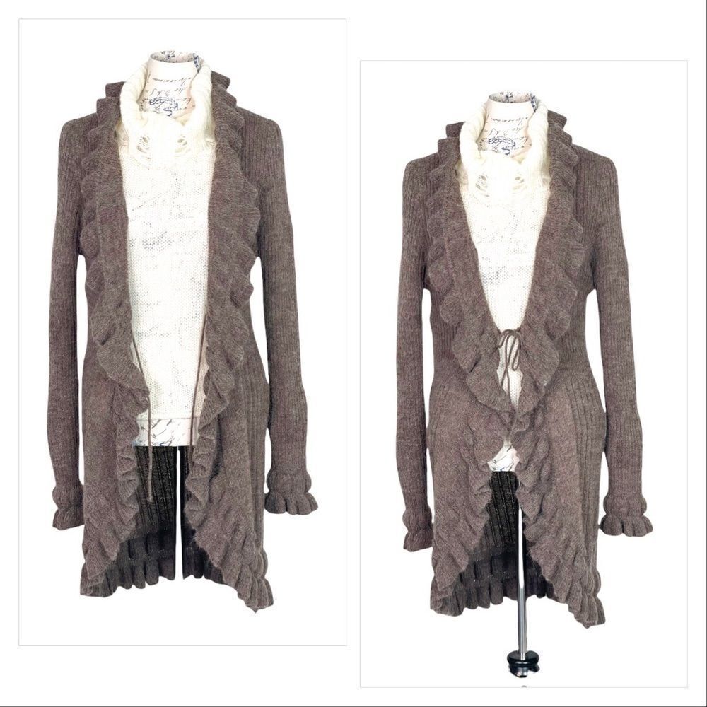 𝅺brown Wool Blend Alpaca Cardigan with Ruffle accents